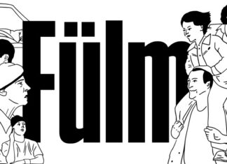 DAS FILMFEST 2024 / Kulturforum Prag Das Bild zeigt die Anschrift Fülm in der Mitte, an beiden Seiten sind schwarze Illustrationen der Filmcharakter auf weißem Hintergrund