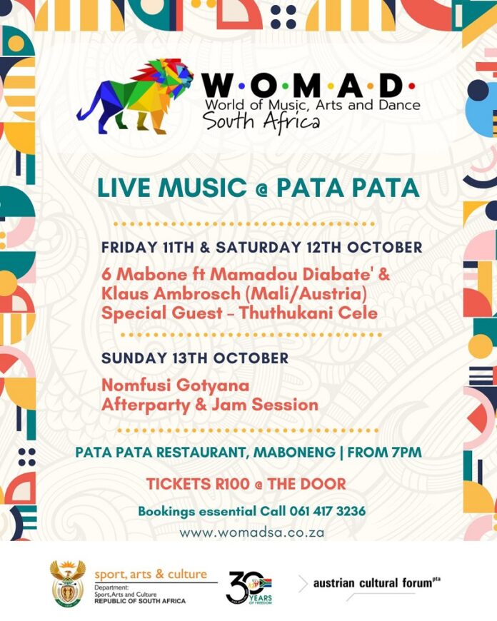 Das Bild zeigt ein Poster der Musikveranstaltungen des WOMAD Festivals in Johannesburg vom 11.-13. Oktober.