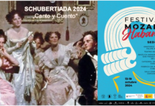 Österreichischer Klassik-Herbst / Botschaft Havanna Bildbeschreibung für Barrierefreiheit Links das Bild einer Schubertiade mit der Überschrift „Schubertiade 2024: Geschichte und Gesang“; Rechts ein Werbeplakat des Mozartfestivals Havanna 2024 mit einer abstrakten Abbildung des Kopfes von Mozart