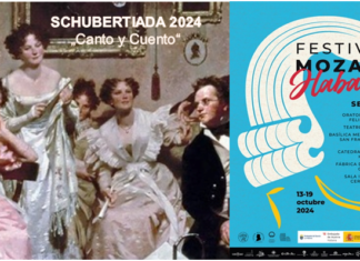 Österreichischer Klassik-Herbst / Botschaft Havanna Bildbeschreibung für Barrierefreiheit Links das Bild einer Schubertiade mit der Überschrift „Schubertiade 2024: Geschichte und Gesang“; Rechts ein Werbeplakat des Mozartfestivals Havanna 2024 mit einer abstrakten Abbildung des Kopfes von Mozart