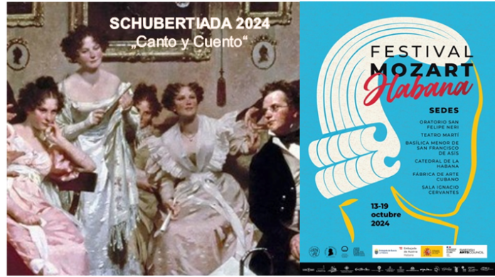 Bildbeschreibung für Barrierefreiheit Links das Bild einer Schubertiade mit der Überschrift „Schubertiade 2024: Geschichte und Gesang“; Rechts ein Werbeplakat des Mozartfestivals Havanna 2024 mit einer abstrakten Abbildung des Kopfes von Mozart