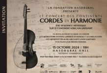 Konzert der Kontinente / Botschaft Tunis Das Bild zeigt eine halbe Violine sowie eine halbe Laute und beschreibt die Einladung zum Konzertabend.