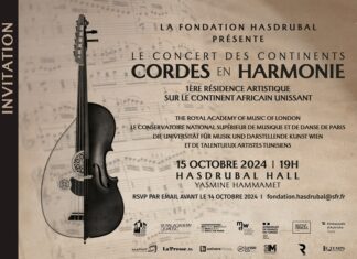 Konzert der Kontinente / Botschaft Tunis Das Bild zeigt eine halbe Violine sowie eine halbe Laute und beschreibt die Einladung zum Konzertabend.