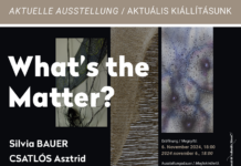 What‘s the Matter? / Kulturforum Budapest Das Bild zeigt das von Éva Szalay in beige-schwarz-weiß gestaltete Ausstellungsplakat mit Fotoausschnitten der Kunstwerke und Informationen zu dem Event.