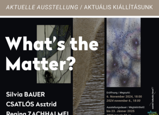What‘s the Matter? / Kulturforum Budapest Das Bild zeigt das von Éva Szalay in beige-schwarz-weiß gestaltete Ausstellungsplakat mit Fotoausschnitten der Kunstwerke und Informationen zu dem Event.