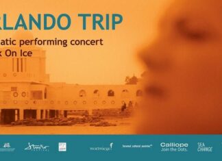 ORLANDO TRIP / Kulturforum Bukarest Das Bild zeigt das Plakat der Veranstaltung. Im Hintergrund ein weisses Haus, davor verschwommen das Portrait eines Mannes