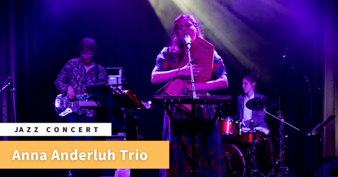 Das Bild zeigt die Band bei einem Live-Konzert, Anna Anderluh vorne singend am Mikrofon, Judith Schwarz zu ihrer Linken am Schlagzeug und Phillip Kienberger zu ihrer Rechten am Bass.