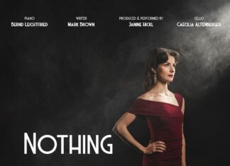 Nothing in Between / Kulturforum London Das Bild zeigt die Schauspielerin Janine Hickl in einem eleganten roten Kleid, die nachdenklich in die Ferne schaut. Neben ihr steht der Titel des Stücks „Nothing in Between“ in weißen Buchstaben geschrieben. Darunter sind in ebenfalls weißen Buchstaben Informationen zum Ort und zur Zeit der Aufführung zu sehen.