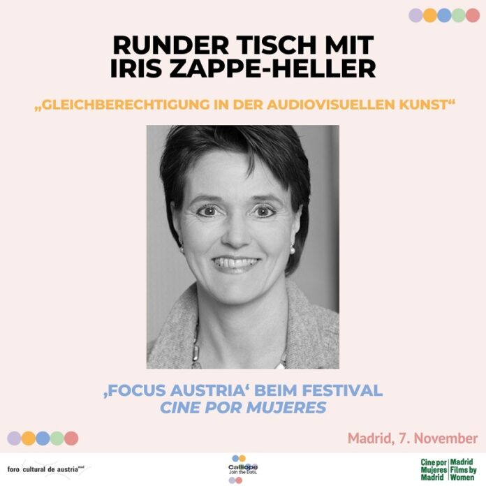 Das Bild zeigt ein Foto von Iris Zappe-Heller auf rosafarbenen Hintergrund, inkludiert den Titel der Veranstaltung und das Datum der anstehenden Podiumsdiskussion.