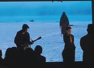 Musiktheater „Orlando Trip“ / Kulturforum Neu Delhi Das Bild zeigt die Aufführung in Colombo. Ein Gitarrenspieler und ein Sänger auf der Bühne vor einer Leinwand, die einen das Meer überquerenden Orlanda zeigt.