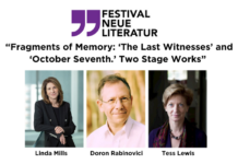 Fragments Of Memory: ‘The Last Witnesses’ And ‘October Seventh.’ Two Stage Works / Kulturforum New York Das Bild zeigt die beiden Schriftsteller Doron Rabinovici und Tess Lewis sowie die Präsidentin der New York University, Linda Mills, auf weißem Hintergrund mit der Überschrift “Fragments Of Memory: ‘The Last Witnesses’ And ‘October Seventh.’ Two Stage Works.” und dem Logo des Festivals.