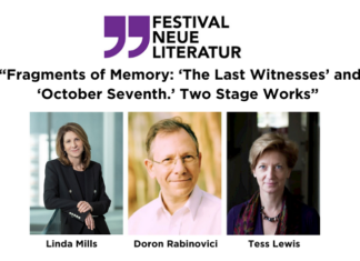 Fragments Of Memory: ‘The Last Witnesses’ And ‘October Seventh.’ Two Stage Works / Kulturforum New York Das Bild zeigt die beiden Schriftsteller Doron Rabinovici und Tess Lewis sowie die Präsidentin der New York University, Linda Mills, auf weißem Hintergrund mit der Überschrift “Fragments Of Memory: ‘The Last Witnesses’ And ‘October Seventh.’ Two Stage Works.” und dem Logo des Festivals.