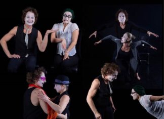 ENCOUNTERS / Kulturforum New Delhi Das Bild zeigt auf einem Plakat mit schwarzem Hintergrundauf der oberen Hälfte Pantomimen, die verschieden Gesten und Mimika machen. Auf der unteren Hälfte stehen die Informationen zu den Veranstaltungen