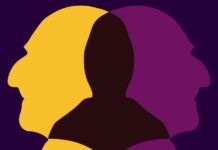 PIPES & VIBES / Kulturforum Paris Das Bild zeigt das Logo zum Jubiläumsjahr Anton Bruckners 2024 auf violettem Hintergrund mit zweifacher Profilabbildung Bruckners in den Farben Magenta und Gelb