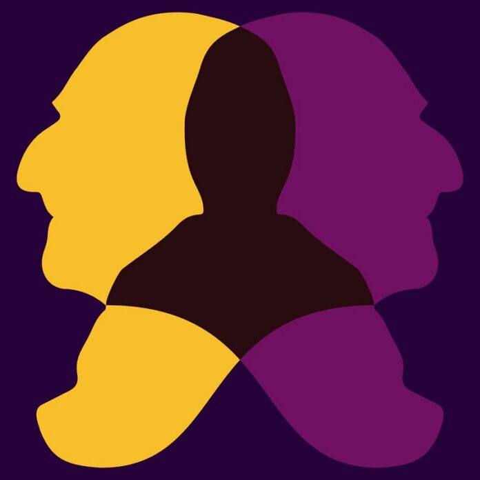 Das Bild zeigt das Logo zum Jubiläumsjahr Anton Bruckners 2024 auf violettem Hintergrund mit zweifacher Profilabbildung Bruckners in den Farben Magenta und Gelb