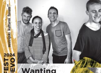 Wanting Machine Konzert / Kulturforum Sarajewo Das Bild zeigt die vier Mitglieder der Jazzband Wanting Machine in schwarz-weiß und gibt Auskunft darüber, dass das Konzert am 07. November stattfindet