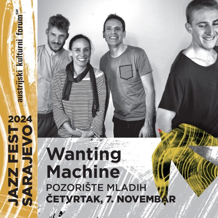 Das Bild zeigt die vier Mitglieder der Jazzband Wanting Machine in schwarz-weiß und gibt Auskunft darüber, dass das Konzert am 07. November stattfindet