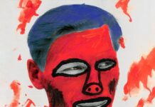 Elfriede Jelineks „Am Königsweg“ / Kulturforum Tel Aviv Das Bild zeigt das Poster des Theaterstücks „Burger King“ („Am Königsweg“): es ist ein Schwarzweissportrait eines Mannes, welches mit starker Farbe übermalt ist und so wie ein Clown wirkt. Die Farben auf dem Gesicht sind rot und blau der Mund und die Augen und die Nase sind schwarz nachgezeichnet. Es sieht aus wie ein verunstaltetes Wahlplakat. Unten ist der Text mit der Information zur Veranstaltung.