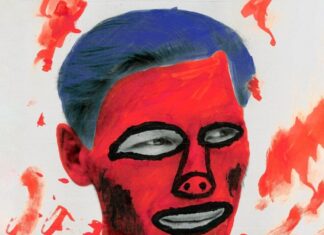 Elfriede Jelineks „Am Königsweg“ / Kulturforum Tel Aviv Das Bild zeigt das Poster des Theaterstücks „Burger King“ („Am Königsweg“): es ist ein Schwarzweissportrait eines Mannes, welches mit starker Farbe übermalt ist und so wie ein Clown wirkt. Die Farben auf dem Gesicht sind rot und blau der Mund und die Augen und die Nase sind schwarz nachgezeichnet. Es sieht aus wie ein verunstaltetes Wahlplakat. Unten ist der Text mit der Information zur Veranstaltung.