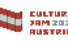 Culture Jam: Austria / Kulturforum Warschau Das Bild zeigt eine stilisierte österreichische Flagge in einem pixelartigen Design. Die Flagge ist rot-weiß-rot gestreift, wobei ein mittig horizontal verlaufender weißer Streifen von zwei roten Streifen umgeben ist. Links befindet sich ein brauner Fahnenmast. Rechts von der Flagge steht in einer passenden, kantigen Pixel-Schrift: "CULTURE JAM 2024 AUSTRIA". Die Worte "CULTURE" und "JAM" sind rot, während "2024 AUSTRIA" in einem blaugrauen Ton gehalten ist. Das gesamte Design erinnert an eine retro-inspirierte Ästhetik, die an alte Videospiele angelehnt ist.