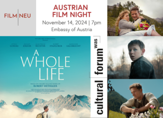 FILM|NEU 2024 – Film Festival / Kulturforum Washington Das Bild zeigt eines der Werbeposter für Film|Neu 2024, eine Collage von fünf Filmszenen, der den Protagonisten in verschiedenen Lebensaltern zeigt. Im Hintergrund sieht man durchgehend verschiedene Bergmotive.