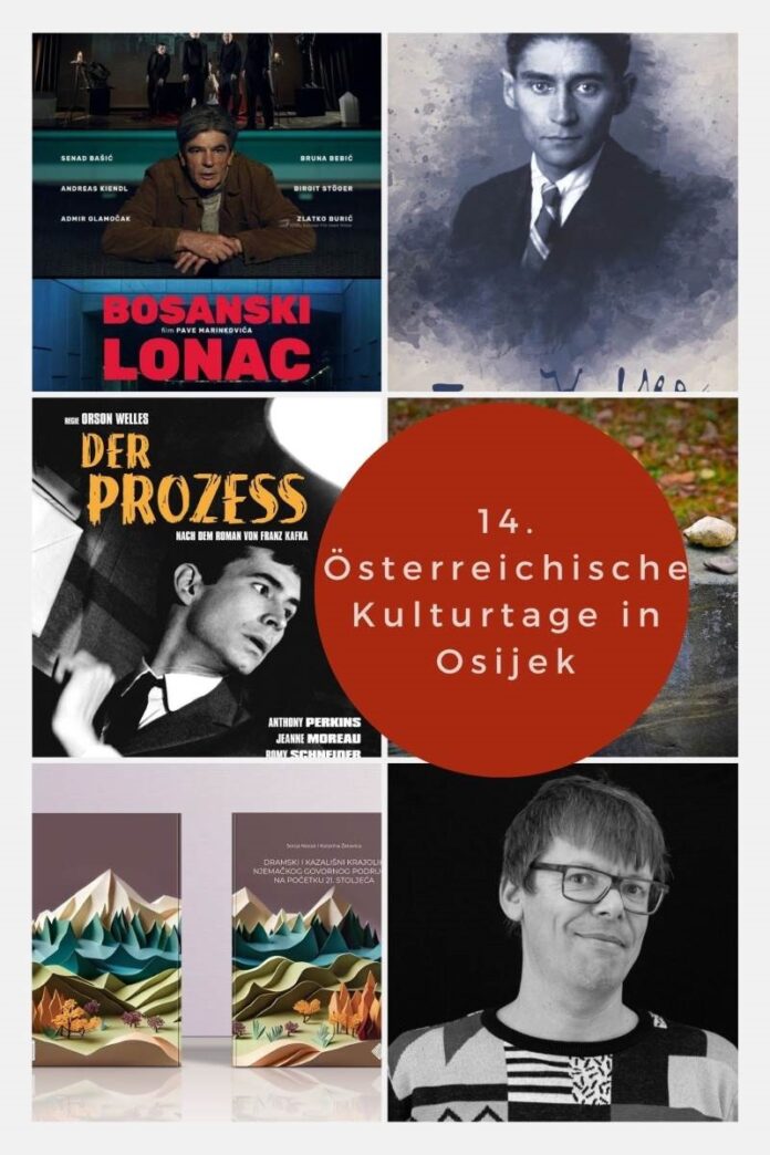 Das Bild zeigt eine grafisch-erstellte Collage verschiedener projektbezogener Elemente, darunter ein Porträt Kafkas, das Werbeplakat des Filmes „Bosnischer Eintopf“ und ein Foto des Autors Markus Köhle