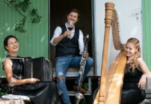 Diatonische Expeditionen / Kulturforen New York, Washington und Ottawa Das Bild zeigt die drei österreichischen Musiker Theresa Lehne mit Harfe, Katharina Baschinger mit steirischer Knopfharmonika und Alexander Maurer mit Bassklarinette.