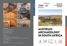 Symposium „Austrian Archaeology in South Africa” / Kulturforum Pretoria Das Bild zeigt eine Einladung zum Event am 2.12.2024 in Johannesburg und ein Foto der Ausgrabungsstätte in der Rose Cottage Cave in Südafrika.