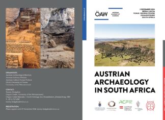 Symposium „Austrian Archaeology in South Africa” / Kulturforum Pretoria Das Bild zeigt eine Einladung zum Event am 2.12.2024 in Johannesburg und ein Foto der Ausgrabungsstätte in der Rose Cottage Cave in Südafrika.