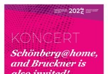Konzert Schönberg – Bruckner/ Kulturforum Sarajewo Auf dem Bild sind vor dem Hintergrund in pink-lila in weißer Schrift die Infos zur Veranstaltung angeführt.