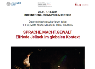 SPRACHE.MACHT.GEWALT. Elfriede Jelinek im globalen Kontext / Kulturforum Tokio Den Titel des Symposiums, die Adresse des Österreichischen Kulturforums sowie das Foto einer Inszenierung eines Werkes von Elfriede Jelinek. Darauf zu sehen sind vier weiß gekleidete Personen. Den Titel des Symposiums, die Adresse des Österreichischen Kulturforums sowie das Foto einer Inszenierung eines Werkes von Elfriede Jelinek. Darauf zu sehen sind vier weiß gekleidete Personen. Eine Person auf einer hohen Leiter hockend. Eine Person an selber Leiter lehnend. Eine Person an einem Notenständer stehend. Eine Person auf einer kleinen Leiter sitzend.