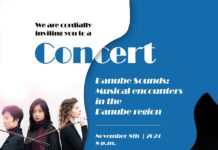 Konzert ‘‘Danube Sounds‘‘ in Belgrad / Botschaft Belgrad Das Bild zeigt die sechs Portrait der Bandmitglieder Ramé (Jiayi Chen, Siyue Zhang, Marilies Guschlbauer) und des Trios Sonaris (Matija Nišević, Nikola Cvetković, Vasilije Basarab) sowie die Ankündigungsinformationen für die Veranstaltung.