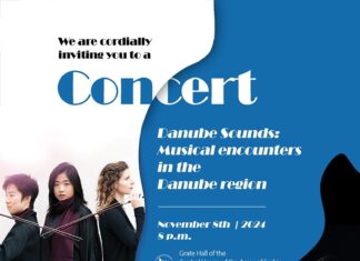 Konzert ‘‘Danube Sounds‘‘ in Belgrad / Botschaft Belgrad Das Bild zeigt die sechs Portrait der Bandmitglieder Ramé (Jiayi Chen, Siyue Zhang, Marilies Guschlbauer) und des Trios Sonaris (Matija Nišević, Nikola Cvetković, Vasilije Basarab) sowie die Ankündigungsinformationen für die Veranstaltung.