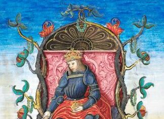 Maximilian I.: frühes PR-Genie / Botschaft Stockholm Das Bild zeigt einen Ausschnitt aus dem Triumphzug des Kaisers Maximilian I.. Kaiser Maximilian sitzt in Rüstung und mit Krone auf dem Haupt und Reichsapfel in der linken Hand auf einem gemauerten Thron dessen Lehne sich hochwindenden Pflanzen besteht. Darunter finden sich zwei stilisierte Schriftzüge