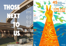 Filmpremiere auf Kuba/Botschaft Havanna Das Bild links zeigt das Werbeplakat für den Film „Those Next To Us“. Im Hintergrund ist eine große amerikanische Autobahn Auf- und Abfahrt zu sehen, die aus mehreren Ebenen besteht. Auf der Autobahn sind ein LKW und zwei PKWs zu sehen. Rechts auf dem Filmplakat sind die Preise aufgelistet, die der Film gewonnen hat. Das Bild links zeigt das Werbeplakat für den 45. Filmfestival für Lateinamerikanisches Kino in Havanna. Vor dem Hintergrund blauer Wellen und grüner Blitze streckt sich eine in orange und gelb gezeichnete Hand aus und zeigt das Peace-Zeichen