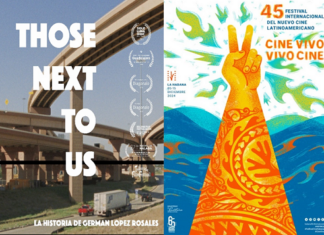 Filmpremiere auf Kuba/Botschaft Havanna Das Bild links zeigt das Werbeplakat für den Film „Those Next To Us“. Im Hintergrund ist eine große amerikanische Autobahn Auf- und Abfahrt zu sehen, die aus mehreren Ebenen besteht. Auf der Autobahn sind ein LKW und zwei PKWs zu sehen. Rechts auf dem Filmplakat sind die Preise aufgelistet, die der Film gewonnen hat. Das Bild links zeigt das Werbeplakat für den 45. Filmfestival für Lateinamerikanisches Kino in Havanna. Vor dem Hintergrund blauer Wellen und grüner Blitze streckt sich eine in orange und gelb gezeichnete Hand aus und zeigt das Peace-Zeichen