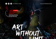 ART WITHOUT LIMIT Film Festival / Botschaft Pristina Auf dem Bild ist das Plakat des Filmfestivals zu sehen. Im Hintergrund ist ein Rollstuhlfahrer zu sehen, der nach oben blickt und darüber ist ein Bild von ihm, wie er auf einer Wand hinaufklettert. Das Plakat ist dunkel gehalten, links oben und in der Mitte der Titel des Festivals zu sehen , unten Ort und Datum sowie die Logos der Sponsoren.