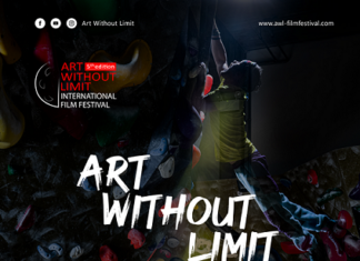 ART WITHOUT LIMIT Film Festival / Botschaft Pristina Auf dem Bild ist das Plakat des Filmfestivals zu sehen. Im Hintergrund ist ein Rollstuhlfahrer zu sehen, der nach oben blickt und darüber ist ein Bild von ihm, wie er auf einer Wand hinaufklettert. Das Plakat ist dunkel gehalten, links oben und in der Mitte der Titel des Festivals zu sehen , unten Ort und Datum sowie die Logos der Sponsoren.
