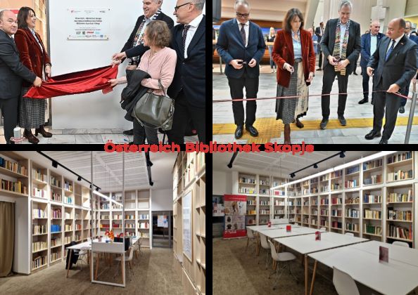 Das Bild zeigt neben den Räumlichkeiten der neuen modernen Österreich-Bibliothek auch den Sektionsleiter für internationale Kulturangelegenheiten Botschafter Christoph Thun-Hohenstein, den österreichischen Botschafter in Skopje Martin Pammer sowie die Vertreter der „Kyrill und Method Universität“ Skopje beim Durchschneiden des roten Bandes sowie bei der Enthüllung des Sponsorenschildes.