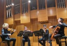 Konzert „Danube Sounds“/ Generalkonsulat München Das Bild zeigt das Ensemble beim animierten Spiel.