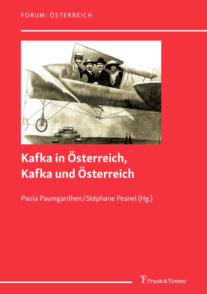 Das Bild zeigt Kafka mit Albert Ehrenstein, Otto Pick und Lise Weltsch am 7. September 1913 in einer Flugzeugattrappe auf dem Wiener Prater