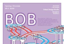 Ausstellung „BOB“ / Kulturforum Sarajewo Das Bild zeigt die Bobbahnen von Sarajewo und Innsbruck in blau-rot-weiß vor einem lila Hintergrund und den Infotext zur Veranstaltung lila und weiß.