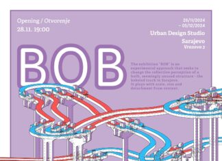 Ausstellung „BOB“ / Kulturforum Sarajewo Das Bild zeigt die Bobbahnen von Sarajewo und Innsbruck in blau-rot-weiß vor einem lila Hintergrund und den Infotext zur Veranstaltung lila und weiß.