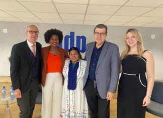 Kolloqium zu indigenen Landrechten / Botschaft Brasília Das Bild zeigt Botschafter Dr. Stefan Scholz, UN Women Brasilien Leiterin Ana Carolina Querino, Indigenenministerin Sônia Guajajara, Univ.-Prof. Dr. René Kuppe und die Moderatorin Prof. Dr. Beatriz Horbach am Podium des Vortragssaals am IDP