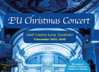 EU CHRISTMAS CONCERT / Botschaft Stockholm Das Bild zeig das Plakat zur Veranstaltung: auf dem Foto ist ein Konzert in der Adolf Fredriks Kirche zu sehen, in der das Weihnachtskonzert stattfindet.