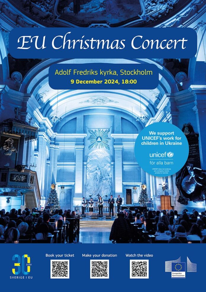 Das Bild zeig das Plakat zur Veranstaltung: auf dem Foto ist ein Konzert in der Adolf Fredriks Kirche zu sehen, in der das Weihnachtskonzert stattfindet.