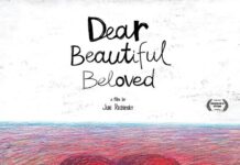 „Dear Beautiful Beloved“ / Kulturforum Budapest Das Bild zeigt das Filmplakat von DEAR BEAUTIFUL BELOVED. In der Mitte befindet sich ein gezeichnetes rot-schwarzes Herz vor einem warmen aus Buntstiften gezeichneten Hintergrund. Der Titel des Films steht in handschriftlicher Schrift über dem Herz. Am unteren Rand des Plakats sind Logos und ein Mitarbeiter:innenverzeichnis zu sehen.