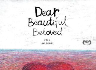 „Dear Beautiful Beloved“ / Kulturforum Budapest Das Bild zeigt das Filmplakat von DEAR BEAUTIFUL BELOVED. In der Mitte befindet sich ein gezeichnetes rot-schwarzes Herz vor einem warmen aus Buntstiften gezeichneten Hintergrund. Der Titel des Films steht in handschriftlicher Schrift über dem Herz. Am unteren Rand des Plakats sind Logos und ein Mitarbeiter:innenverzeichnis zu sehen.