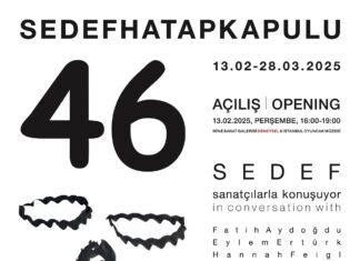 Ausstellung „46“/ Kulturforum Istanbul Das Bild zeigt ein Plakat mit einer Zeichnung von Sedef Hatapkapulu, dass die Eröffnung der Ausstellung „46“ bekannt gibt.