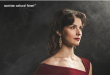 Nothing in Between, the simple, complicated life of Hedy Lamarr / Kulturforum Kairo Das Bild zeigt die Schauspielerin und Sängerin Janine Hickl während einer Aufführung in einem dunkelroten, eleganten Kleid. Aus einem dunklen, nebligen Hintergrund tritt Hickl dank starker Beleuchtung hervor.